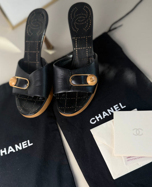 Chanel Vintage Wooden Heel Mules – Black Leather
