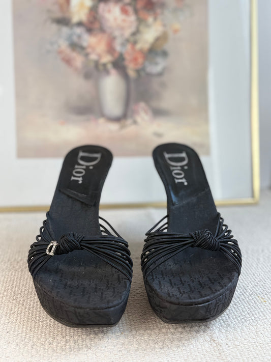 Vintage Christian Dior Monogram Wedge Sandals Black Size 40