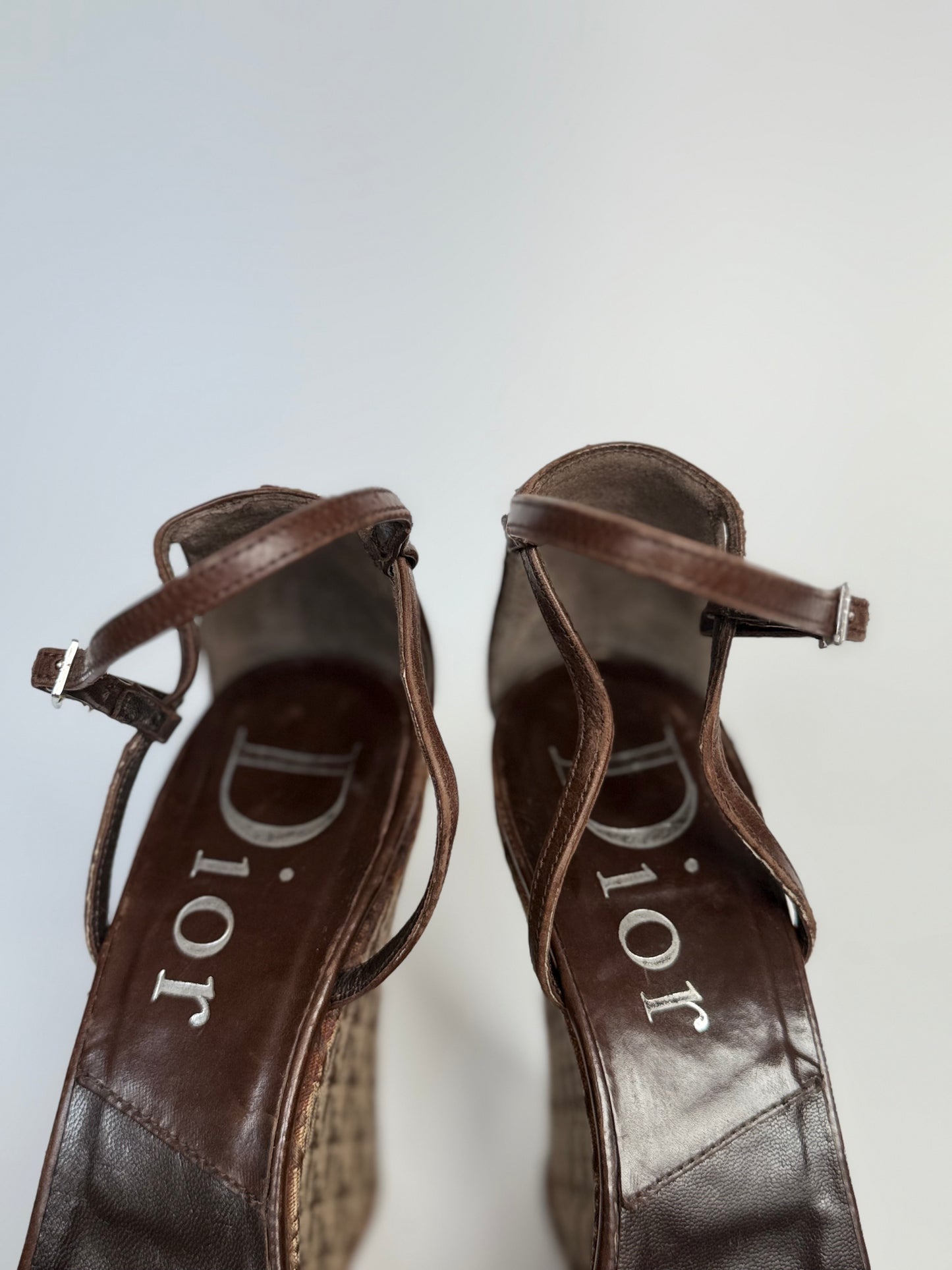 Christian Dior Strappy Wedge Sandals, Size 37 — Monogram Canvas & Brown Leather