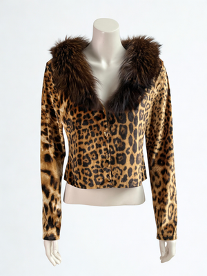 Vintage Roberto Cavalli Leopard Jacket with Fox Fur Collar – Size XL
