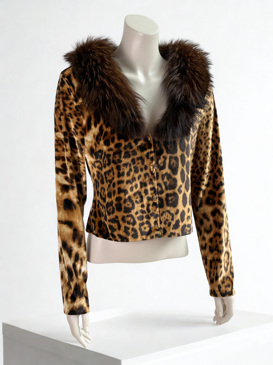 Vintage Roberto Cavalli Leopard Jacket with Fox Fur Collar – Size XL