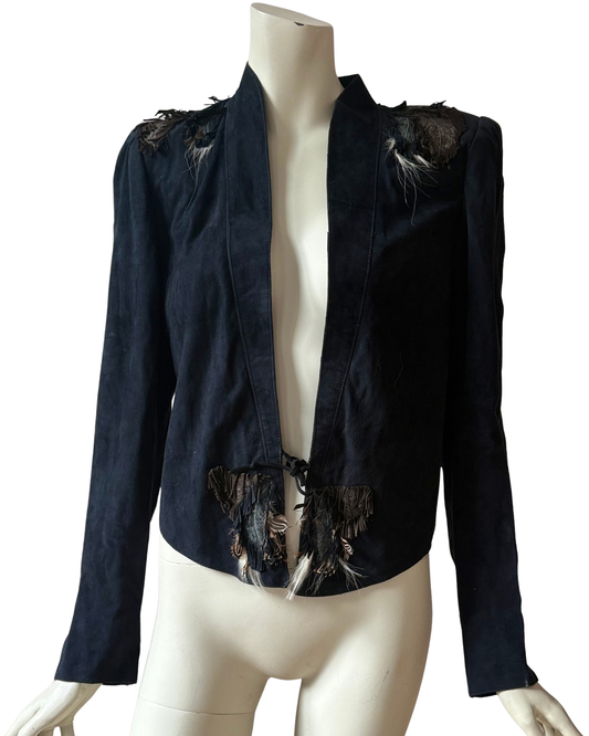 Vintage Roberto Cavalli Suede Jacket Fringe and Feathers Size S-M