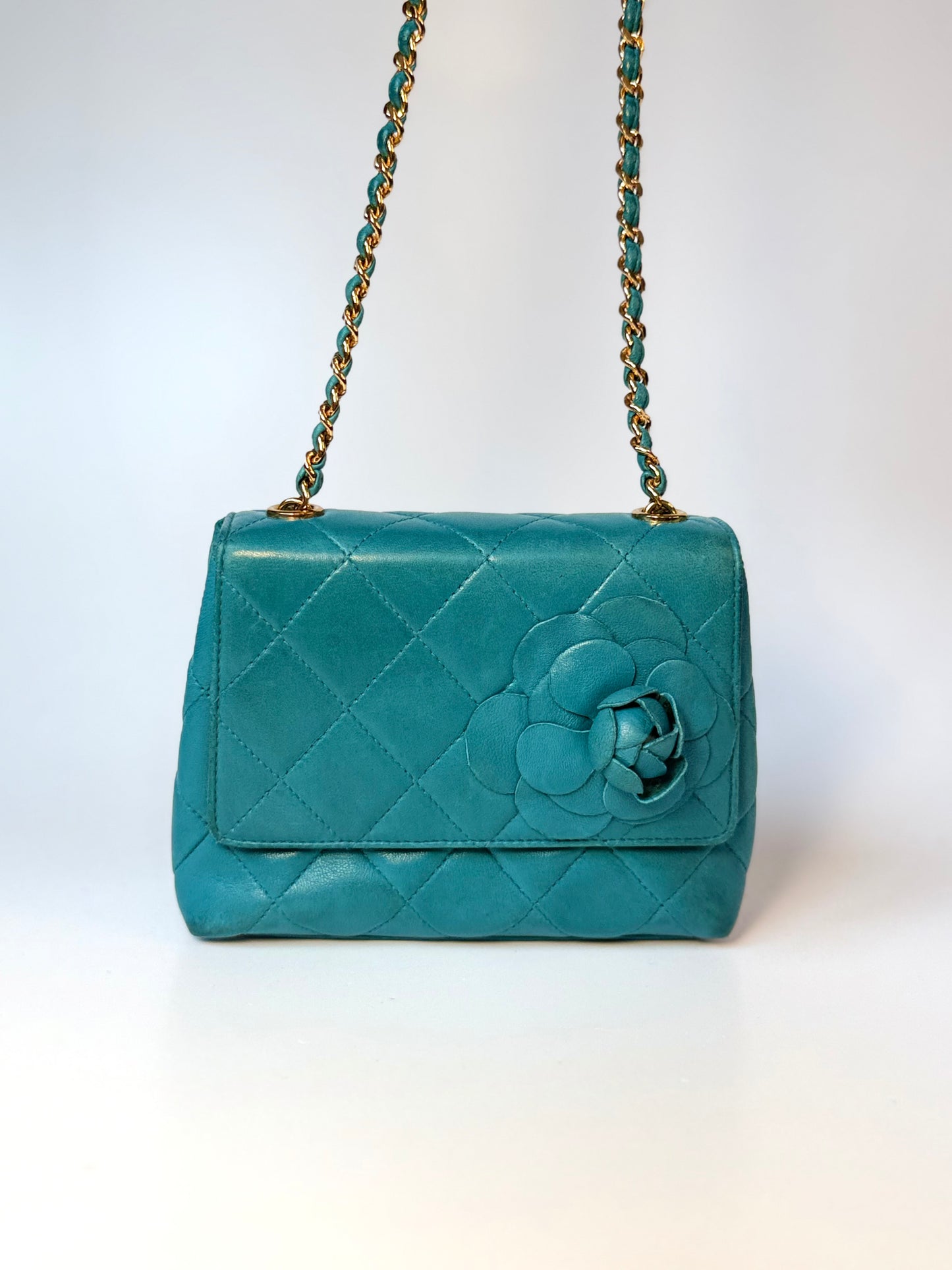 Chanel Mini Camellia Flap Bag in Turquoise Leather