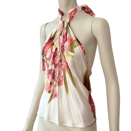 Vintage Roberto Cavalli FW 2004 Silk Orchid Print Halter Top Size M