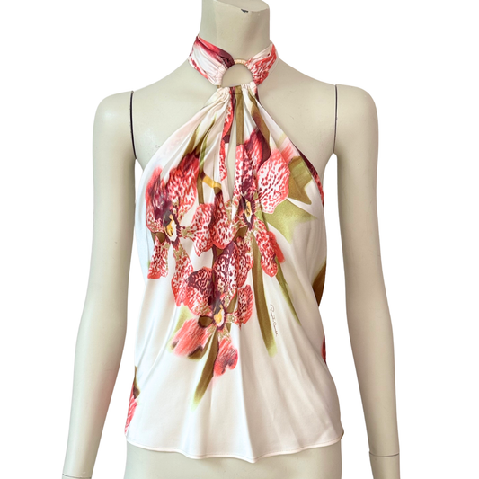 Vintage Roberto Cavalli FW 2004 Silk Orchid Print Halter Top Size M