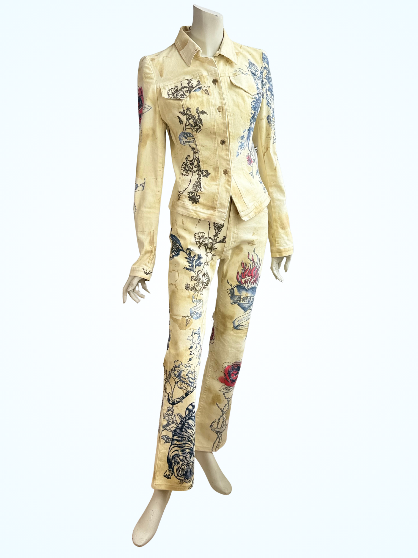 Vintage Roberto Cavalli S/S 2003 Runway Tattoo Print Denim Set – Jacket & Pants, Size S
