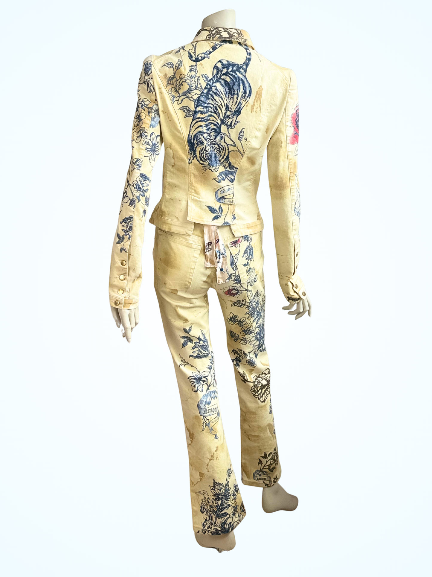 Vintage Roberto Cavalli S/S 2003 Runway Tattoo Print Denim Set – Jacket & Pants, Size S