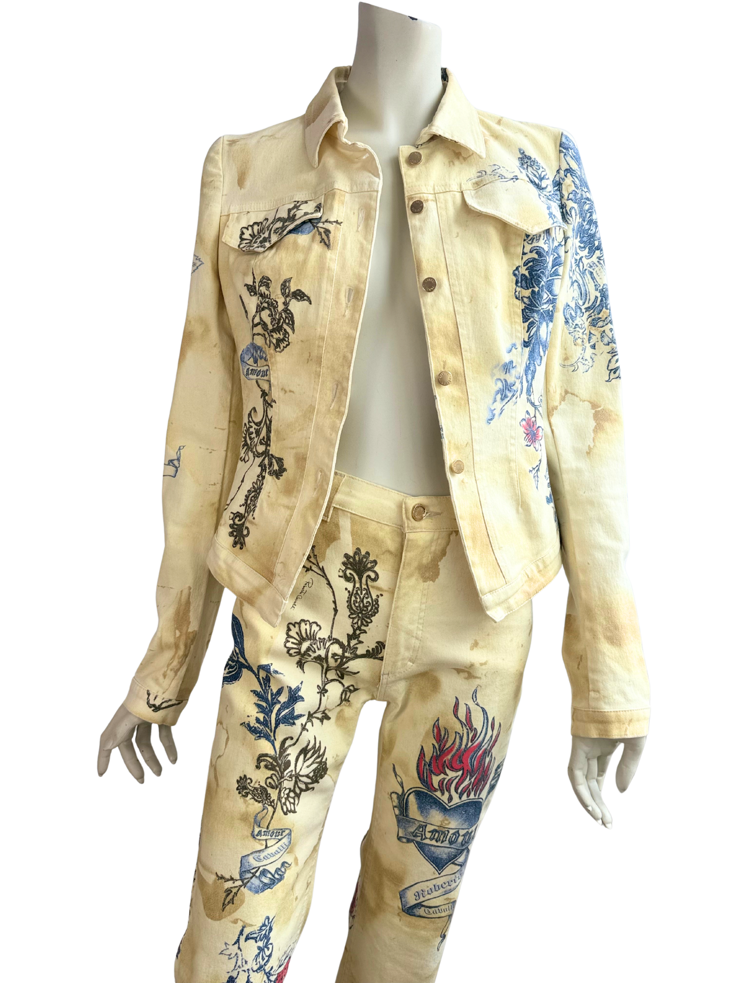 Vintage Roberto Cavalli S/S 2003 Runway Tattoo Print Denim Set – Jacket & Pants, Size S