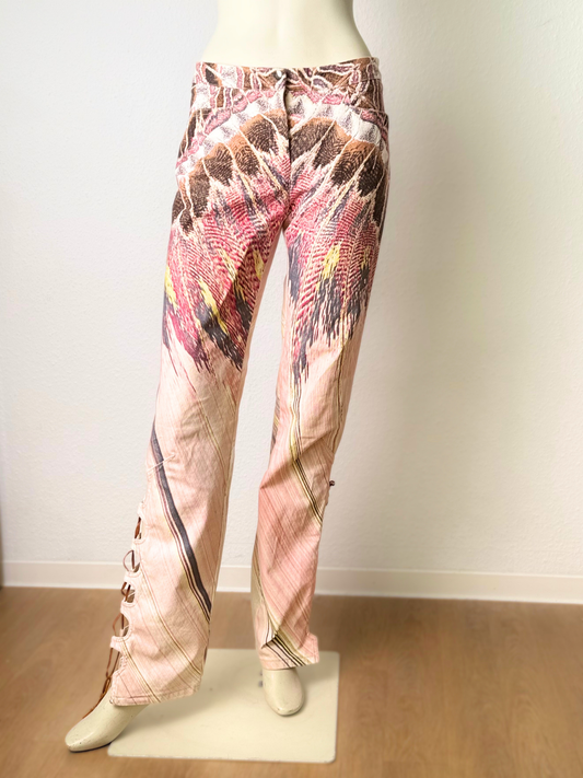 Vintage Roberto Cavalli Feather Print Lace-Up Jeans – Size M