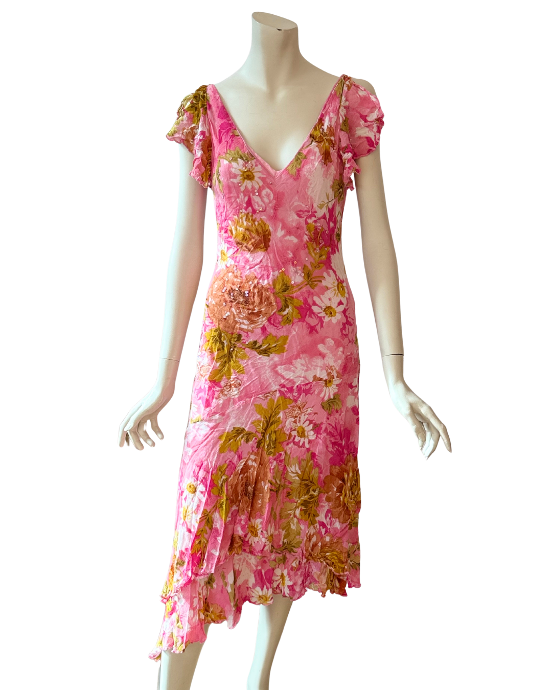 Vintage Pink Floral Fairy Dress Ruffle Sequin Asymmetric Midi Dress S
