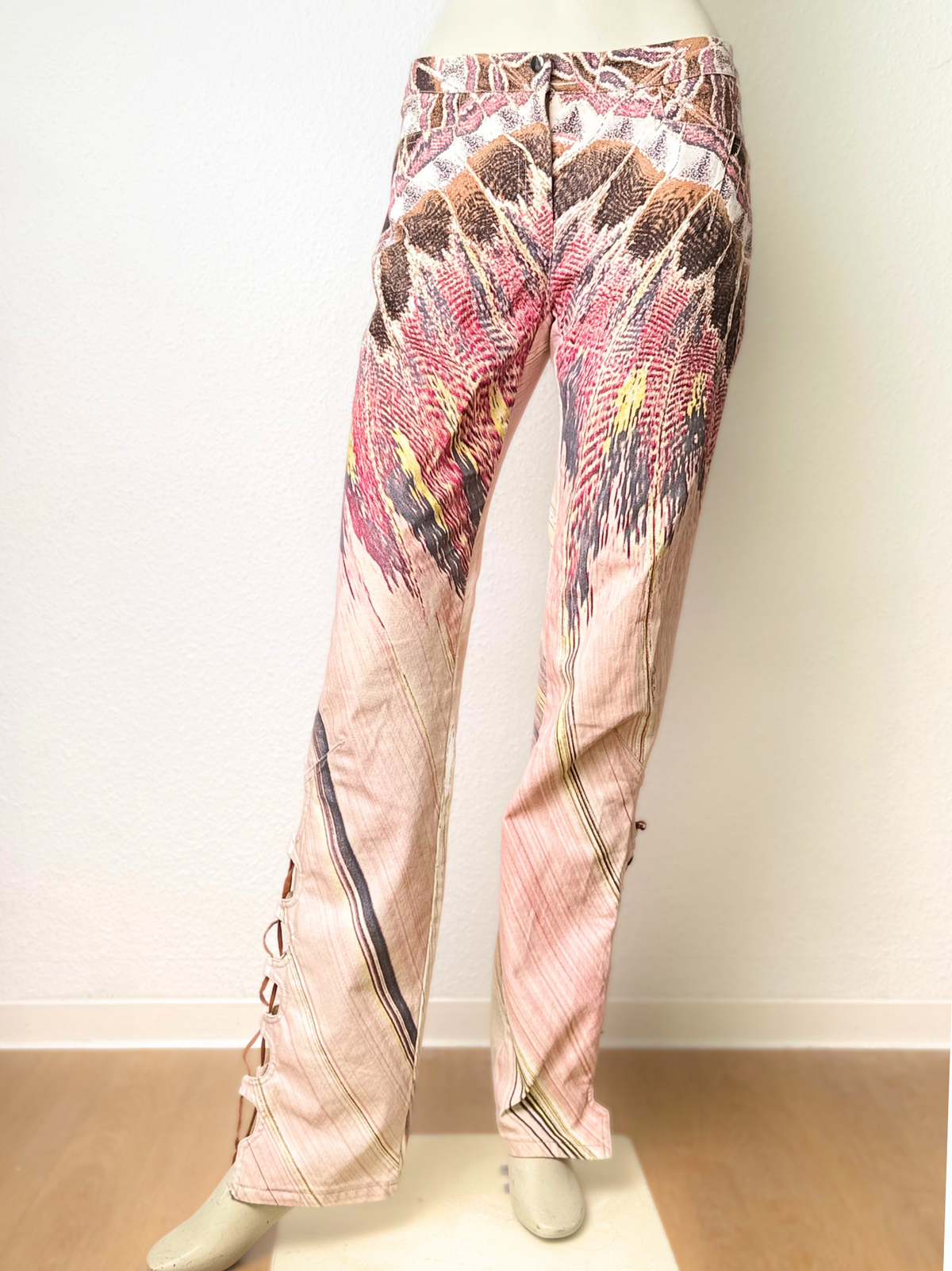 Vintage Roberto Cavalli Feather Print Lace-Up Jeans – Size M