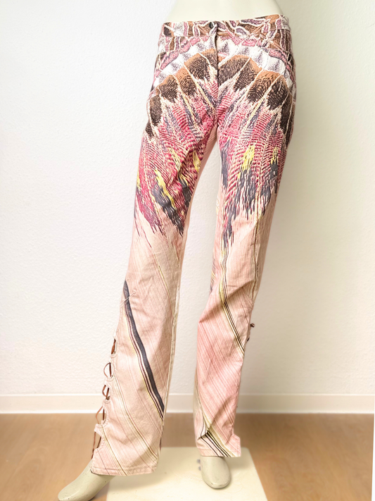 Vintage Roberto Cavalli Feather Print Lace-Up Jeans – Size M