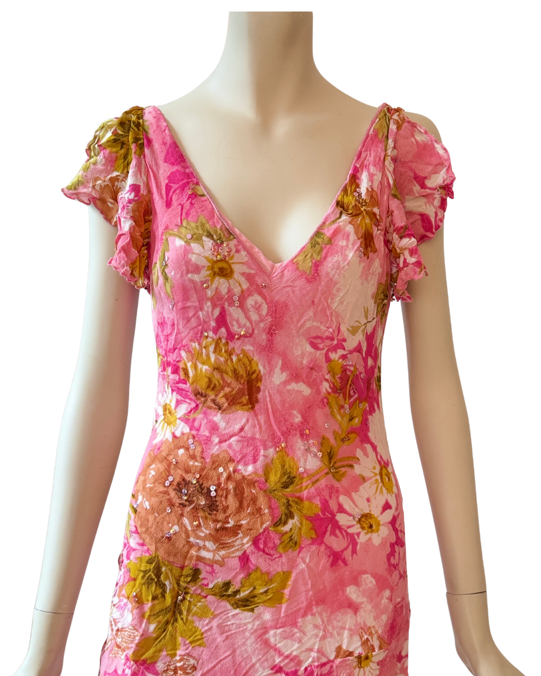 Vintage Pink Floral Fairy Dress Ruffle Sequin Asymmetric Midi Dress S