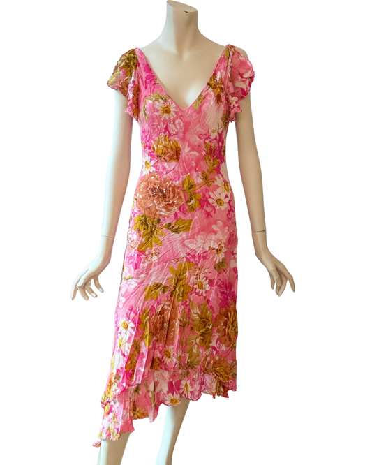 Vintage Pink Floral Fairy Dress Ruffle Sequin Asymmetric Midi Dress S