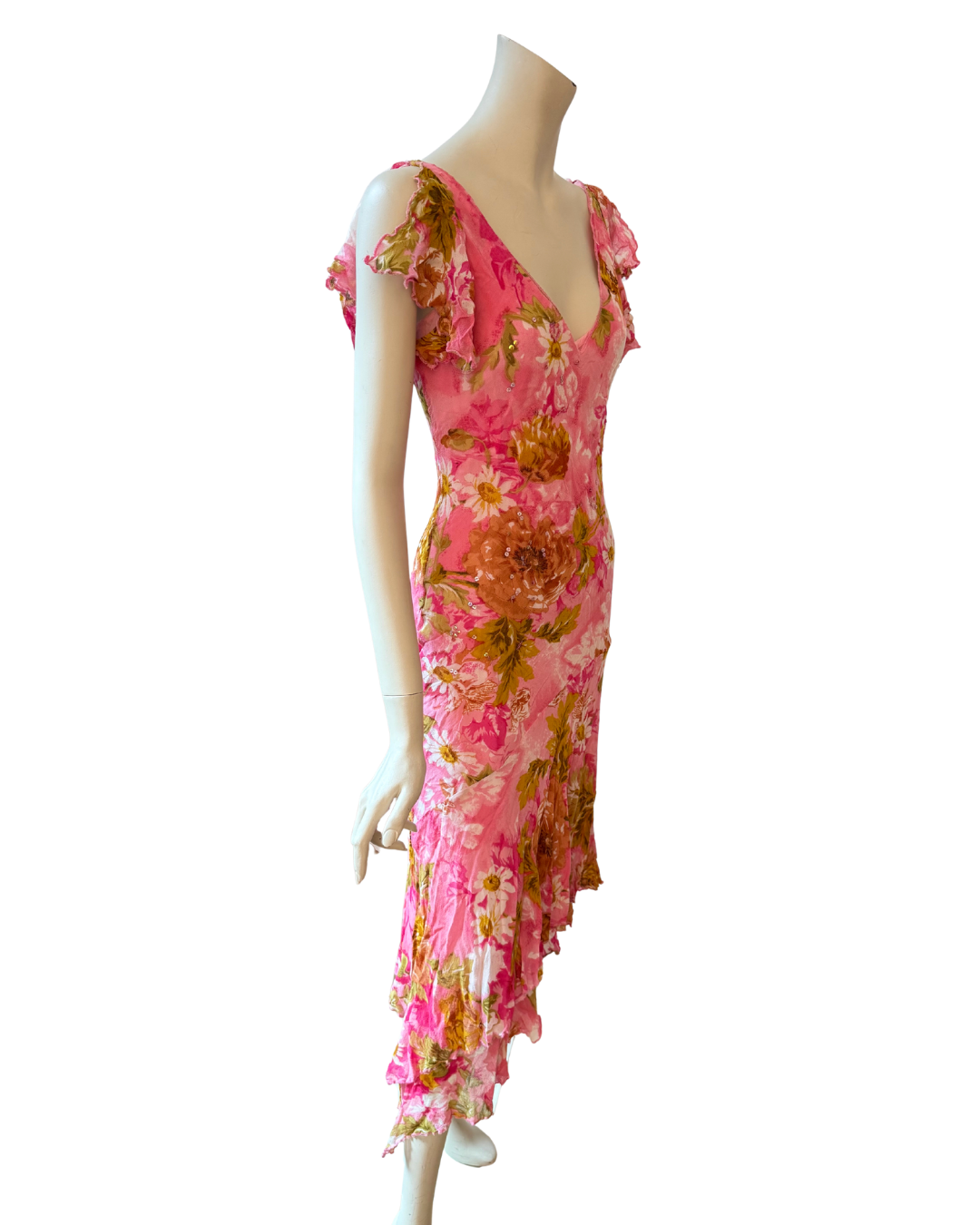Vintage Pink Floral Fairy Dress Ruffle Sequin Asymmetric Midi Dress S