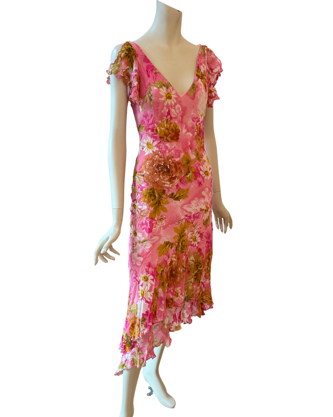 Vintage Pink Floral Fairy Dress Ruffle Sequin Asymmetric Midi Dress S