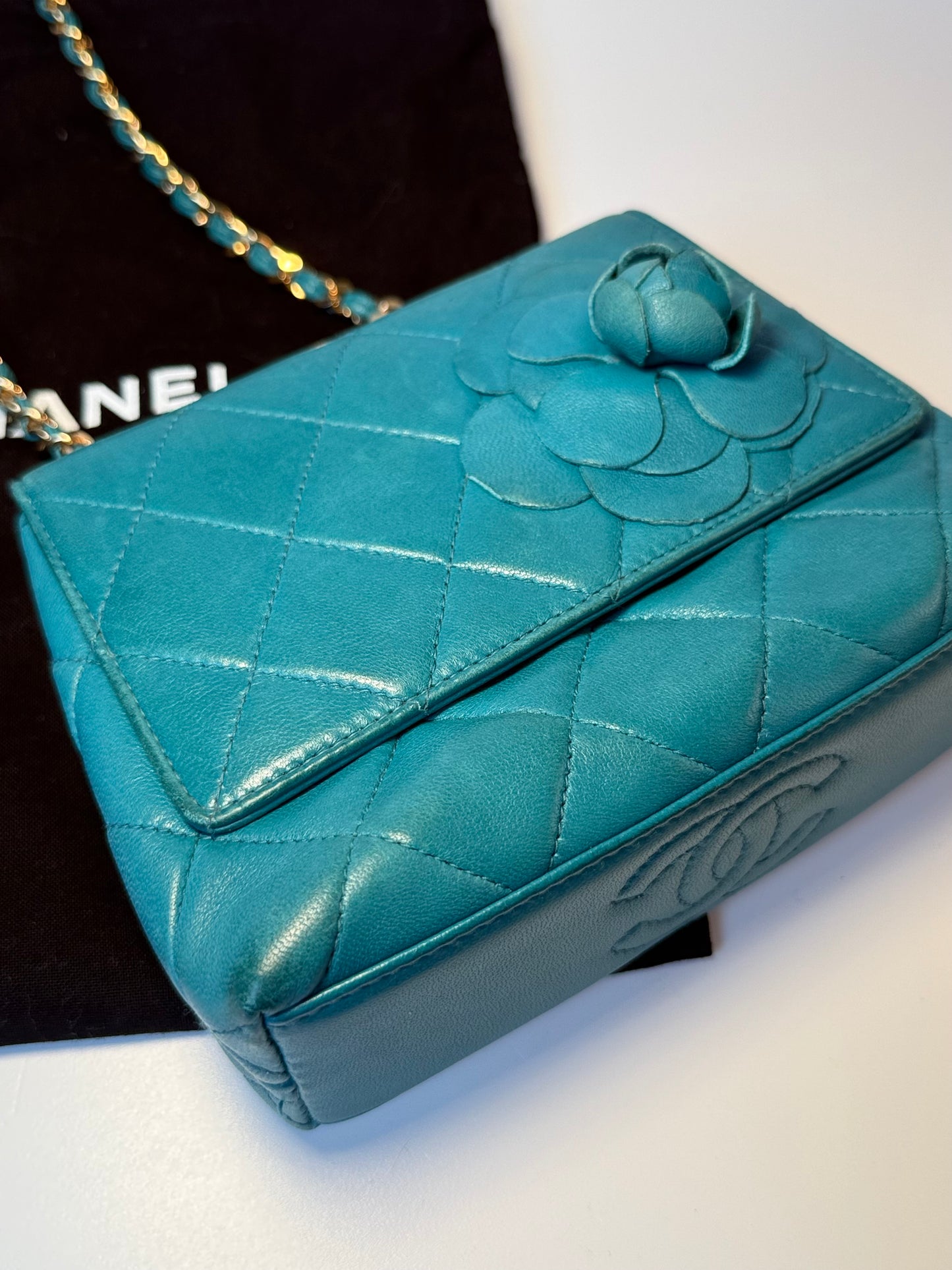 Chanel Mini Camellia Flap Bag in Turquoise Leather