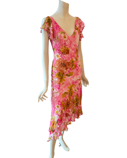 Vintage Pink Floral Fairy Dress Ruffle Sequin Asymmetric Midi Dress S