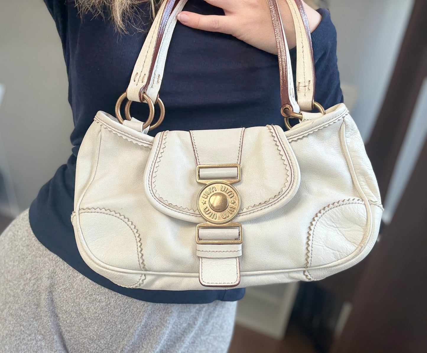 Miu Miu cream leather mini bag – elegant vintage shoulder bag white gold 
