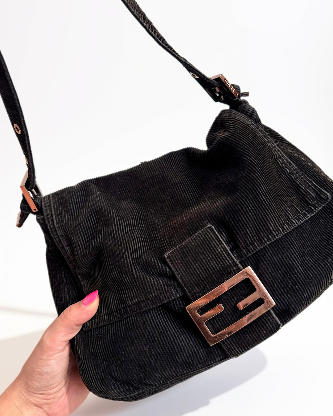 Fendi Mamma Baguette in dark brown corduroy