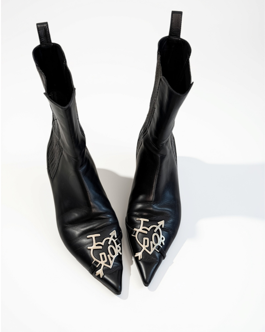 Dior Vintage I Love Dior Black Leather Western Boots 36.5 Galliano