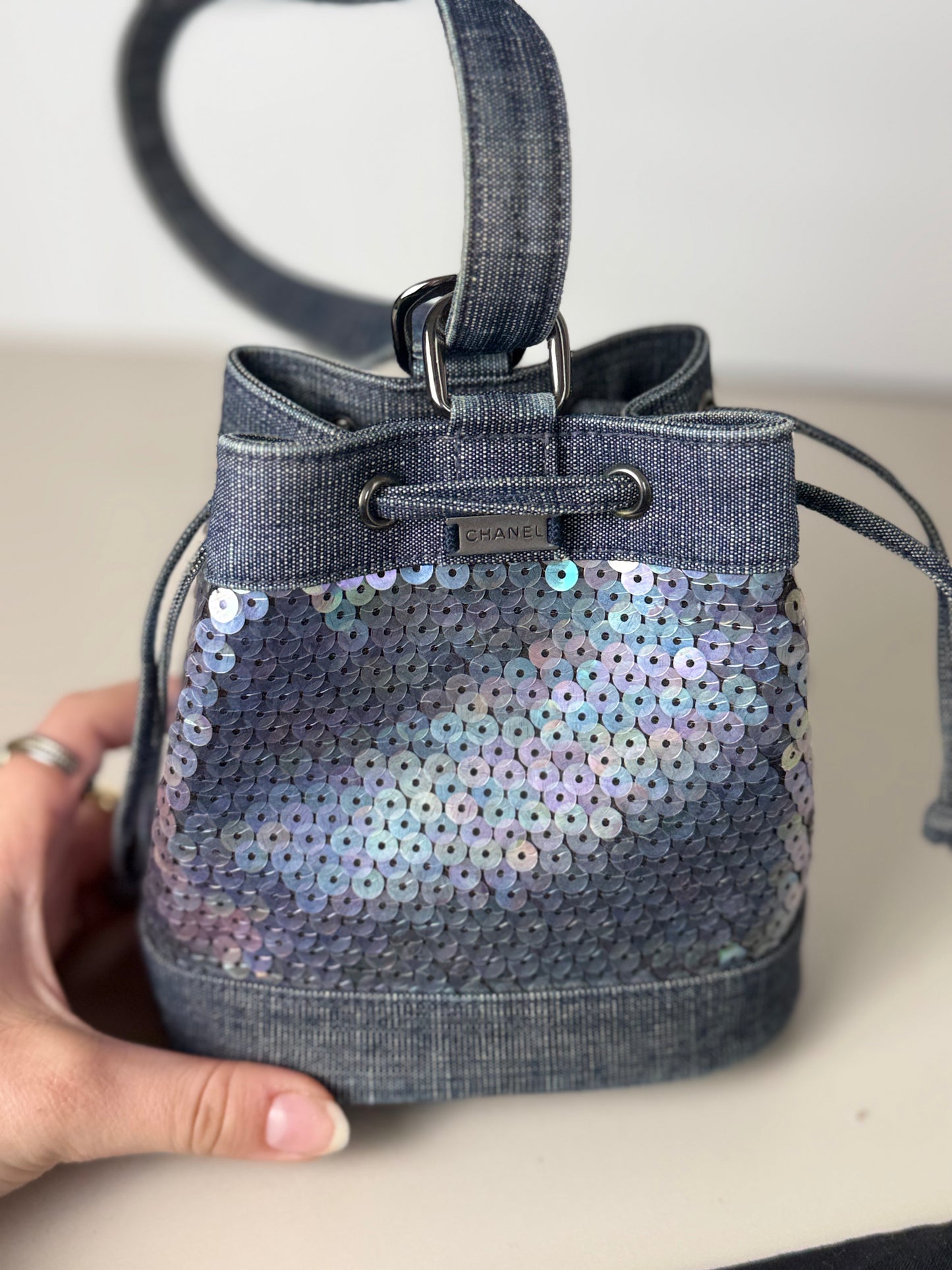Chanel Sequin Denim Bucket Bag