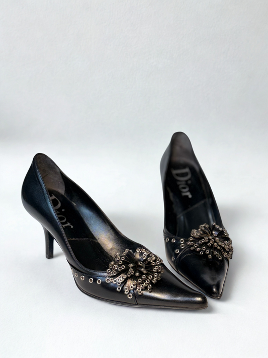 Pair of vintage Dior black pumps, size 36, with mid heel and metal accents