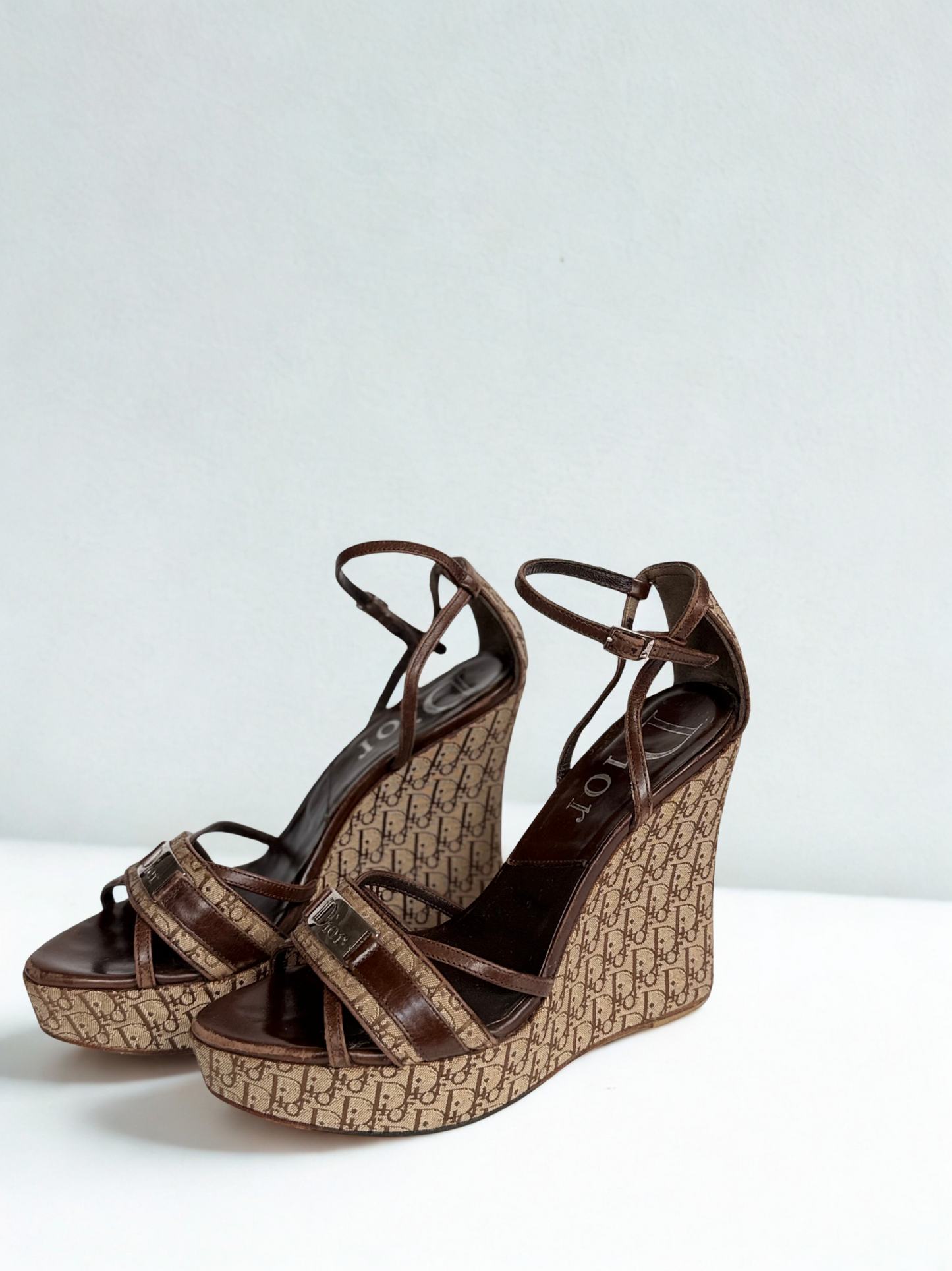 Christian Dior wedge sandals size 37 – vintage monogram canvas with brown leather straps