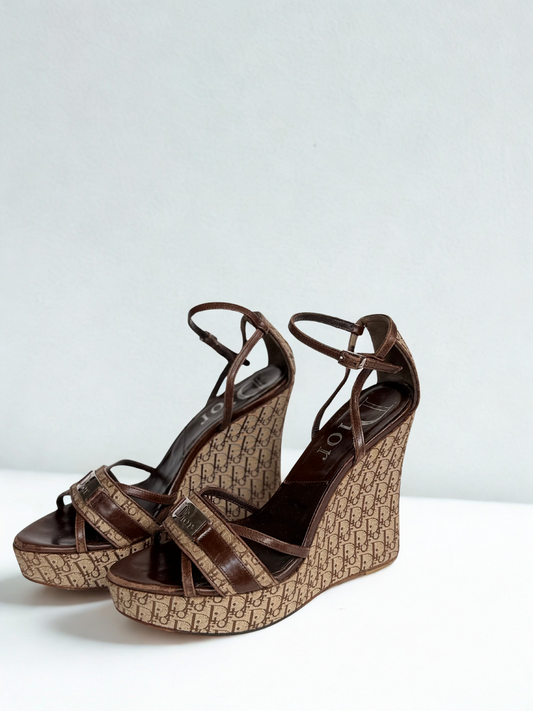 Christian Dior wedge sandals size 37 – vintage monogram canvas with brown leather straps