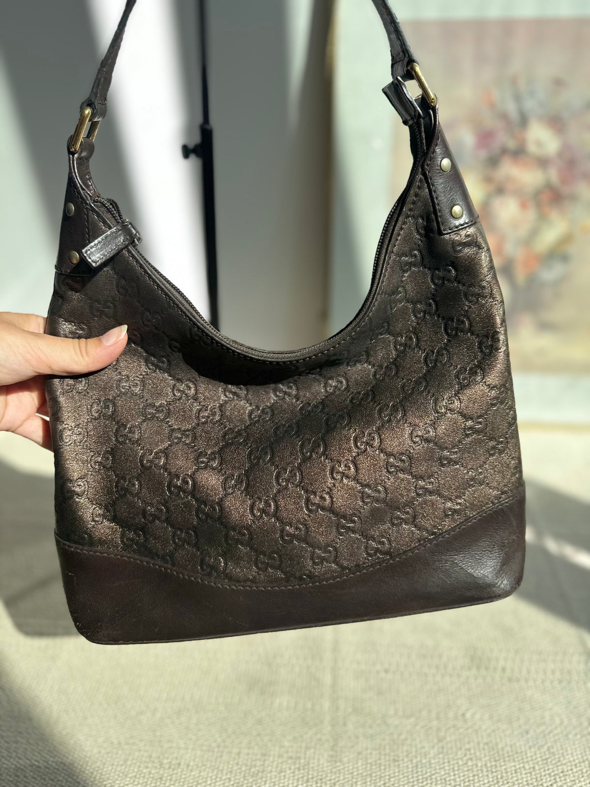 Vintage Gucci GG Embossed Leather Hobo Bag – Brown Bronze Shimmer