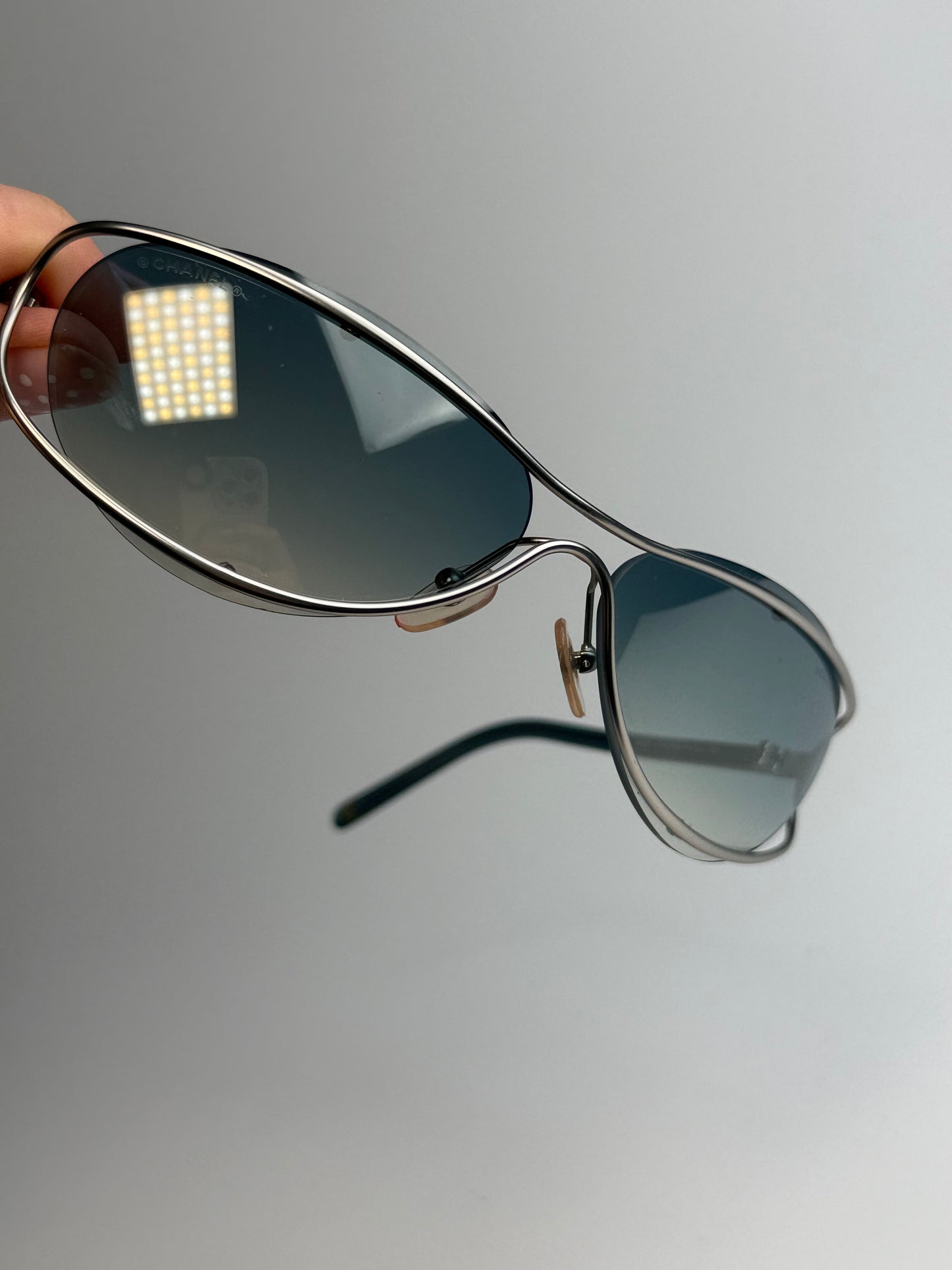 Vintage Chanel Silver Oval Sunglasses with Blue Ombre Lenses – Full Set