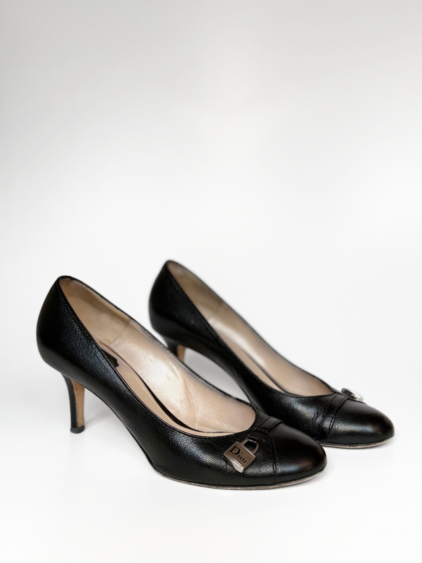 Christian Dior black leather padlock heels – vintage pumps with silver lock detail size 38