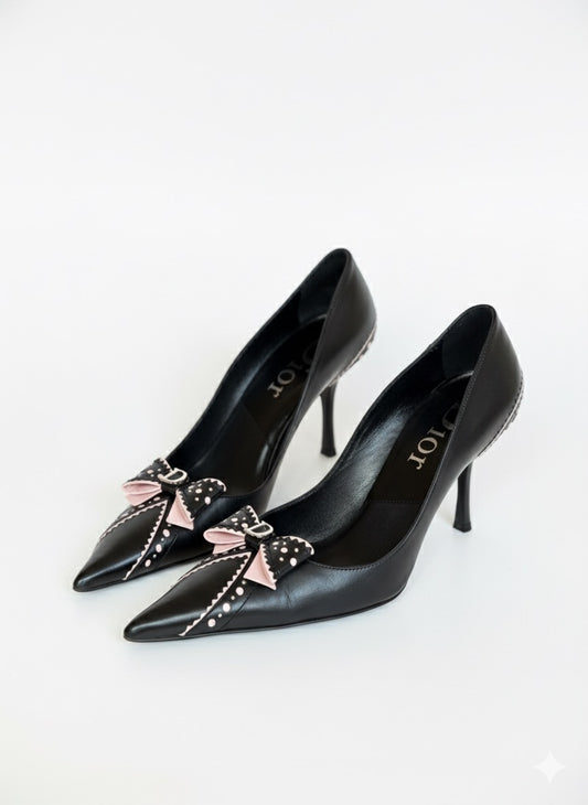 Christian Dior black and pink pointed-toe pumps with bow – elegant vintage high heels EU 39