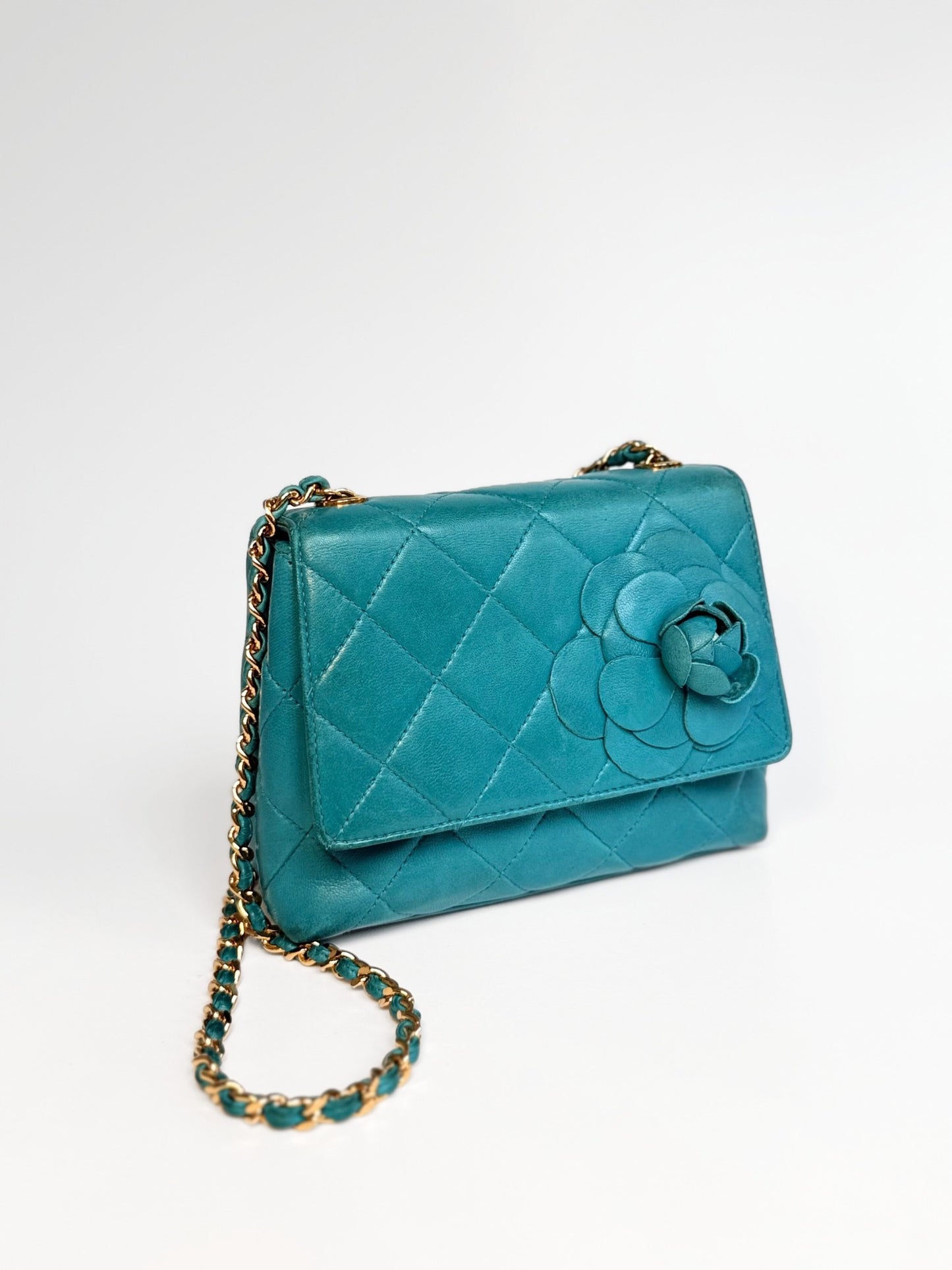 Chanel Mini Camellia Flap Bag in Turquoise Leather
