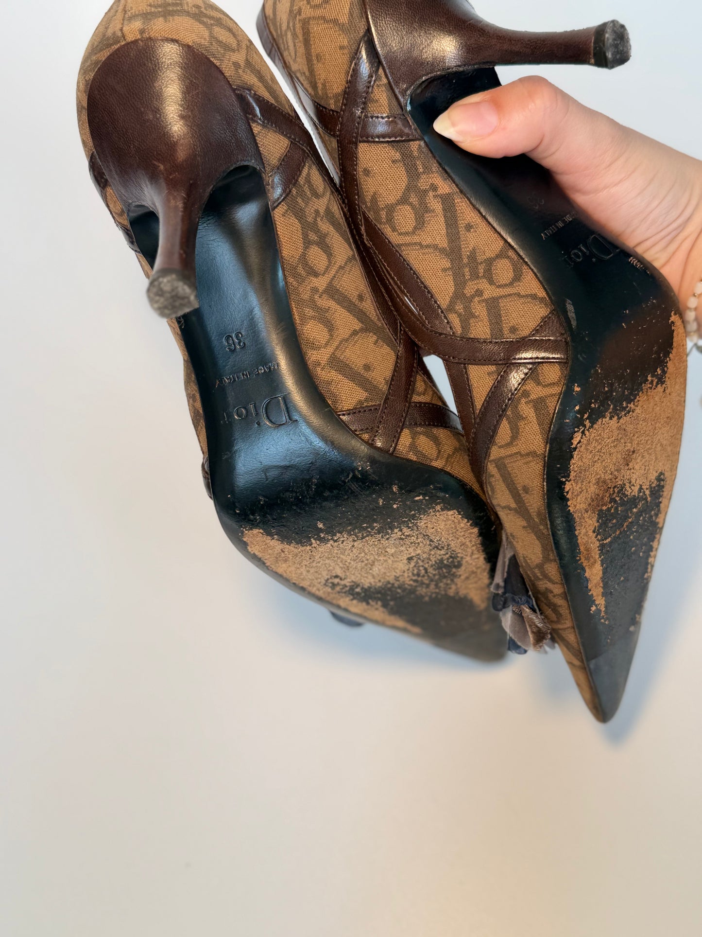 Dior 2004 Vintage Diorissimo Pointed-Toe Heels with Floral Appliqué – Brown, Size 36