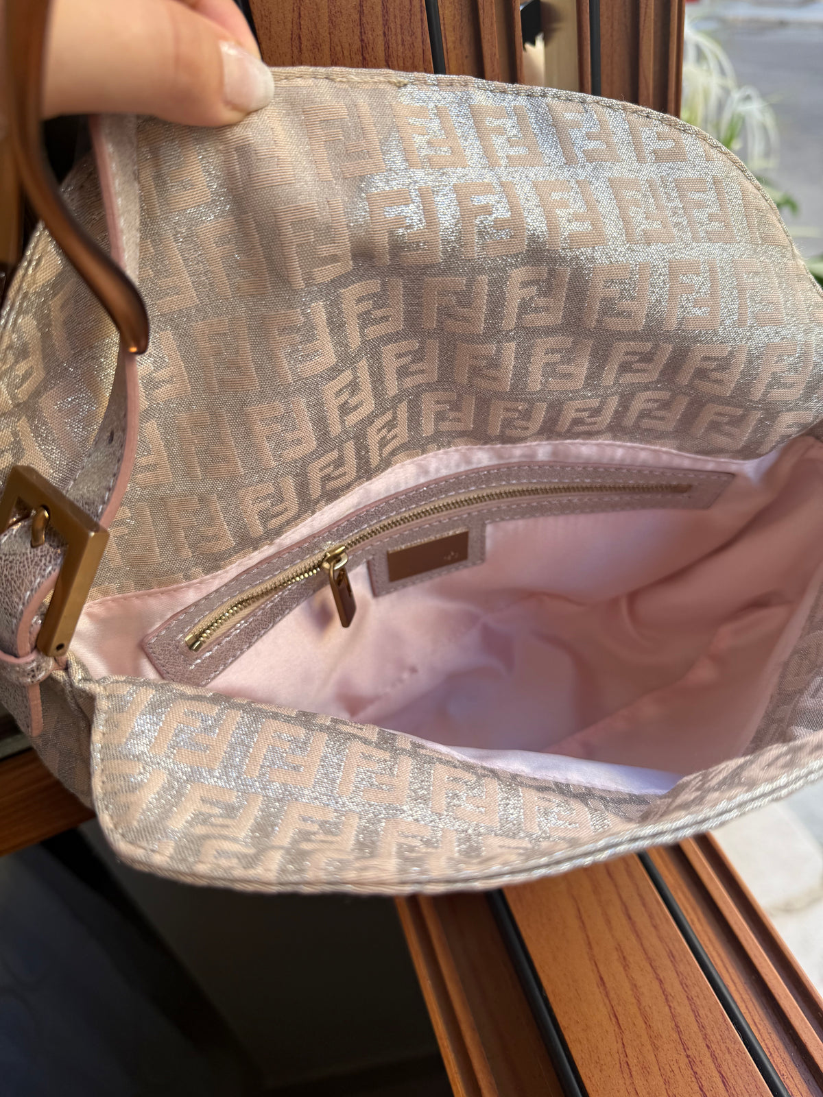 Vintage Fendi Baguette Bag Pink Zucca Silver Metallic Rose Gold Hardware