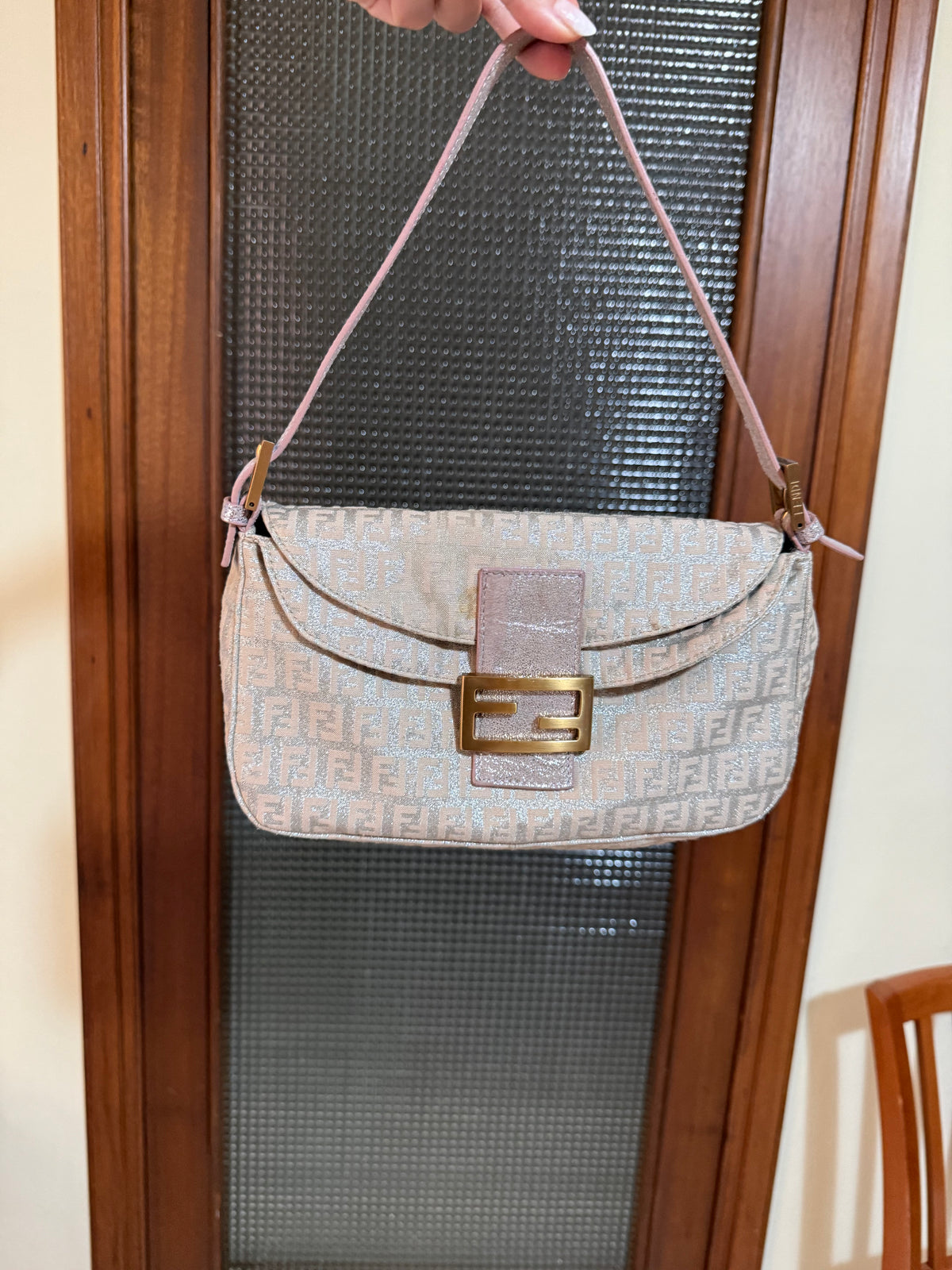 Vintage Fendi Baguette Bag Pink Zucca Silver Metallic Rose Gold Hardware