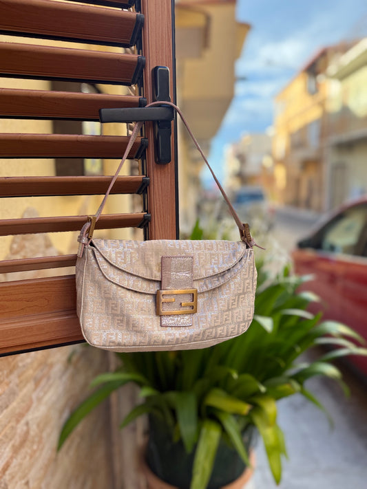 Vintage Fendi Baguette Bag Pink Zucca Silver Metallic Rose Gold Hardware