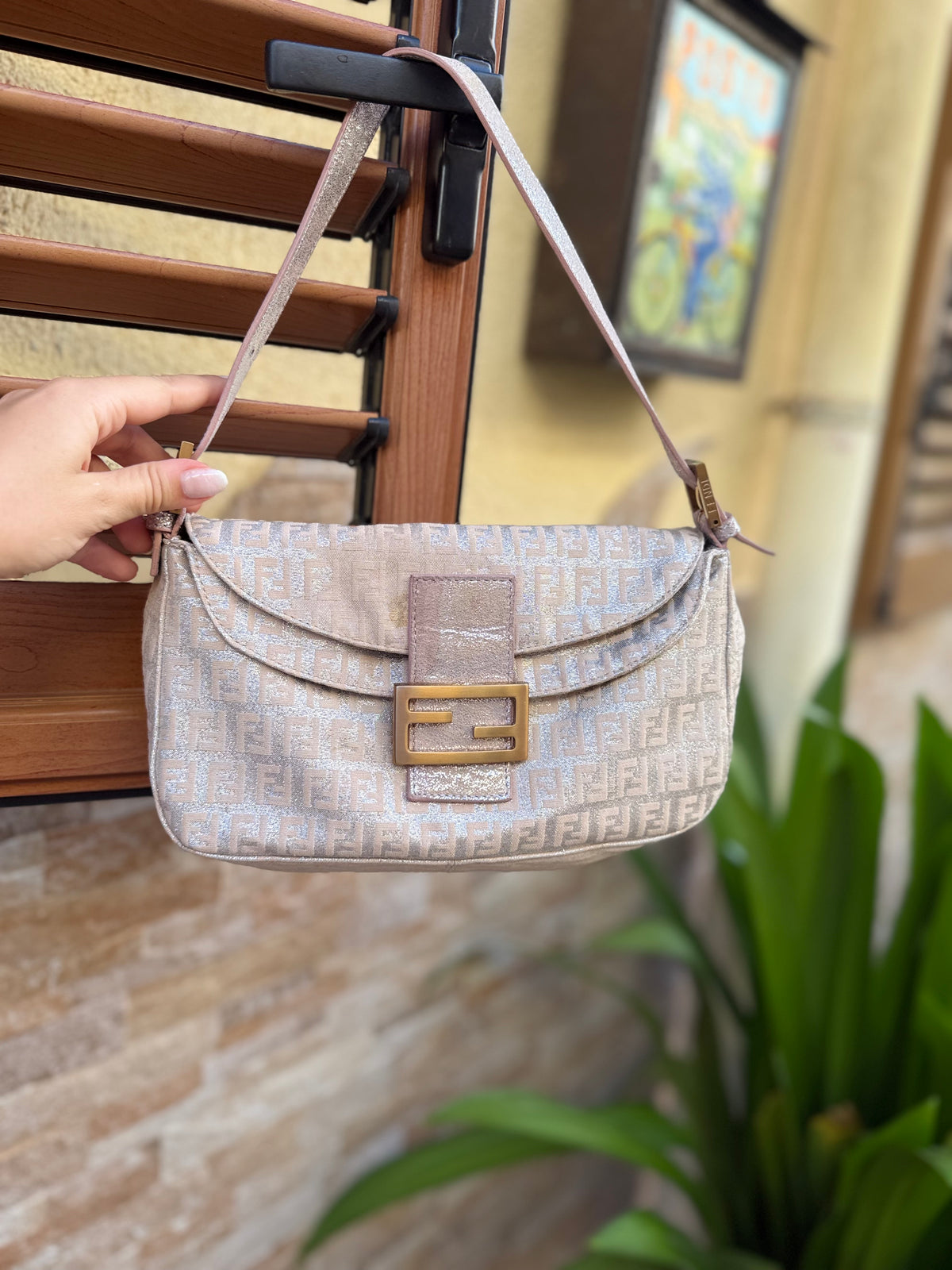 Vintage Fendi Baguette Bag Pink Zucca Silver Metallic Rose Gold Hardware