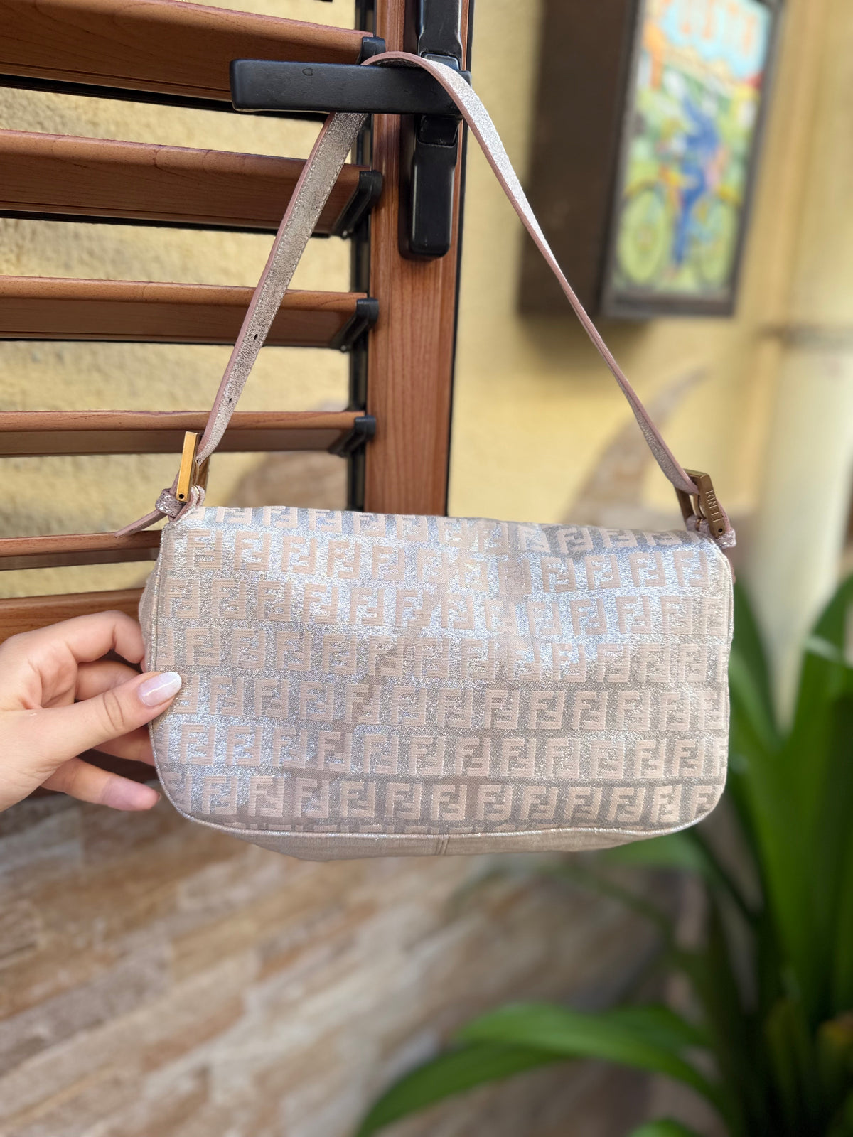Vintage Fendi Baguette Bag Pink Zucca Silver Metallic Rose Gold Hardware