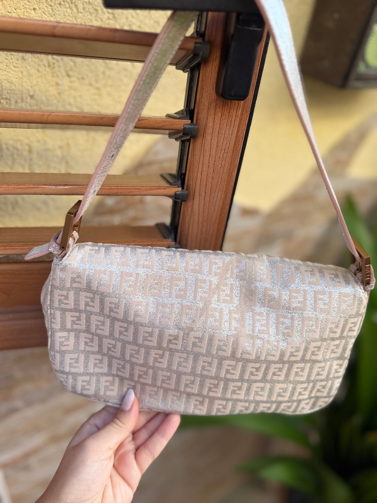Vintage Fendi Baguette Bag Pink Zucca Silver Metallic Rose Gold Hardware