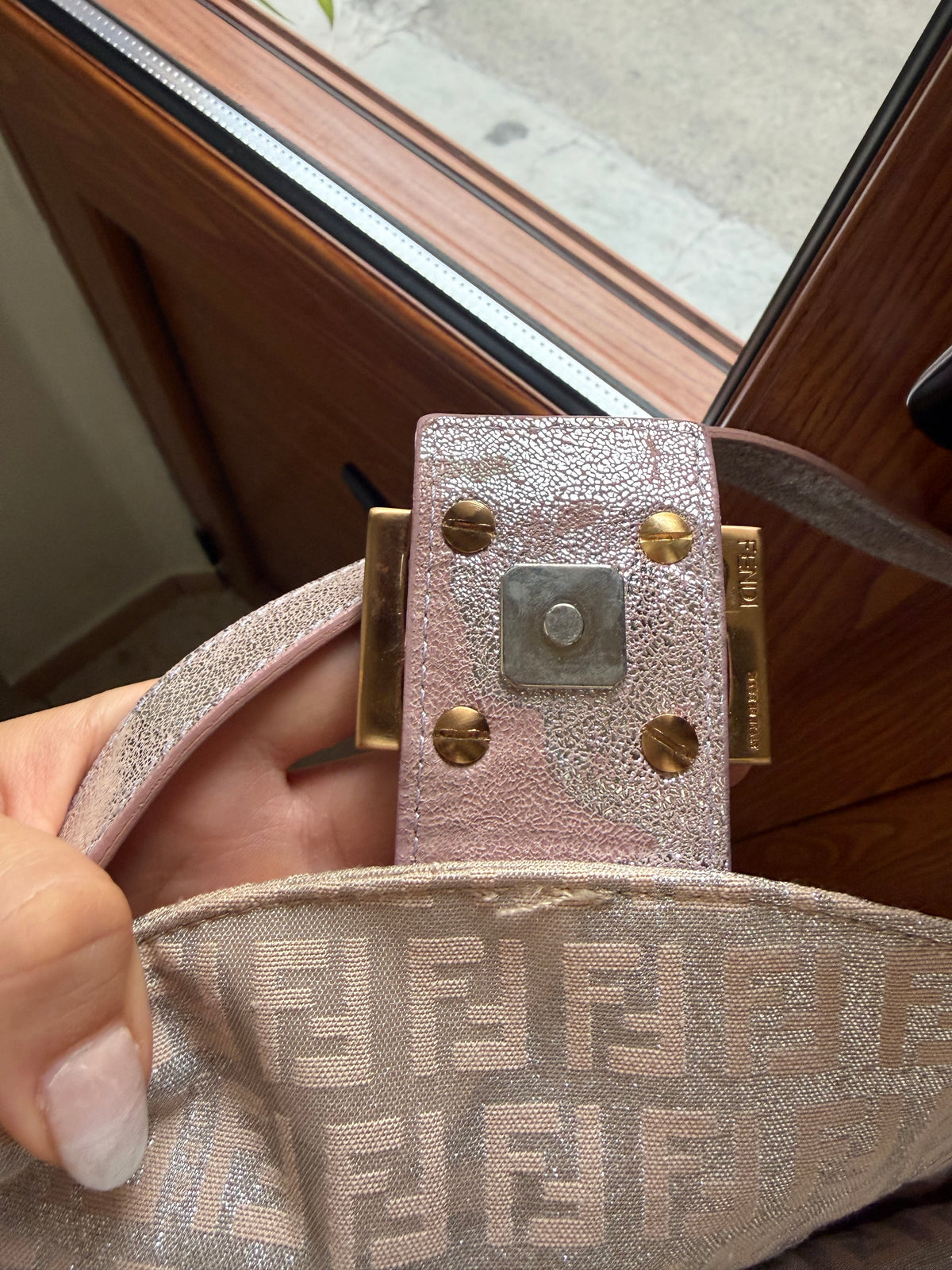 Vintage Fendi Baguette Bag Pink Zucca Silver Metallic Rose Gold Hardware