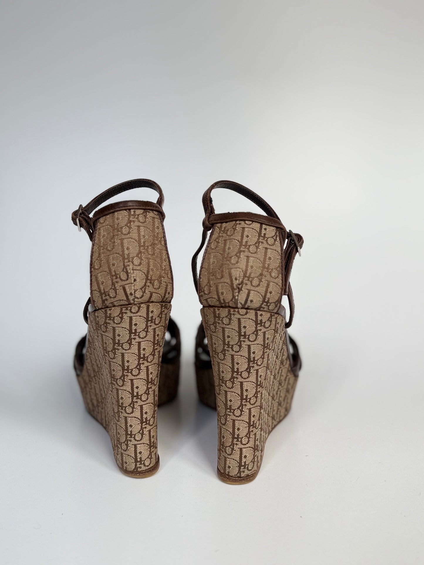 Christian Dior Strappy Wedge Sandals, Size 37 — Monogram Canvas & Brown Leather