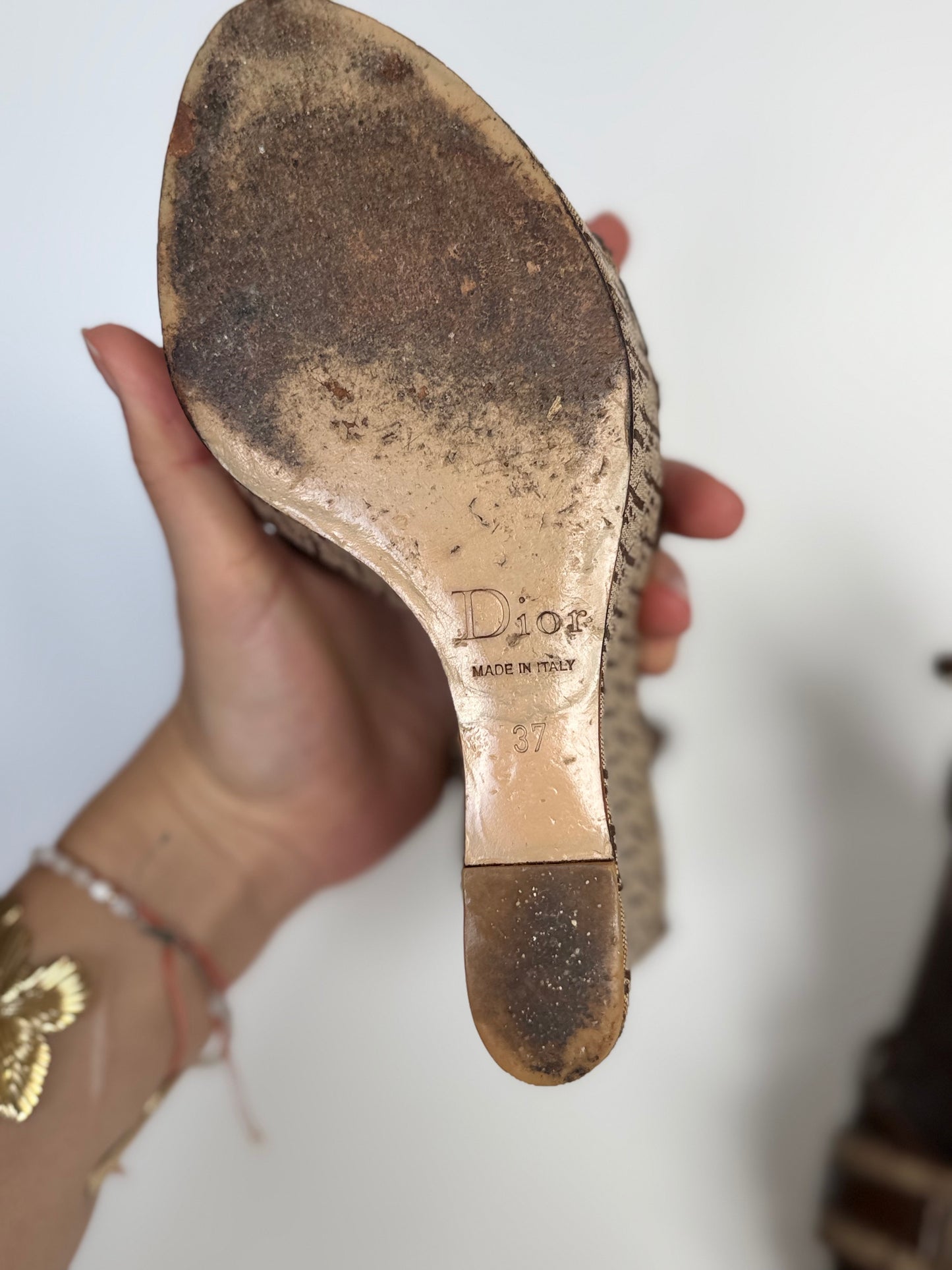 Christian Dior Strappy Wedge Sandals, Size 37 — Monogram Canvas & Brown Leather