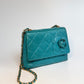Chanel Mini Camellia Flap Bag in turquoise quilted leather with gold chain