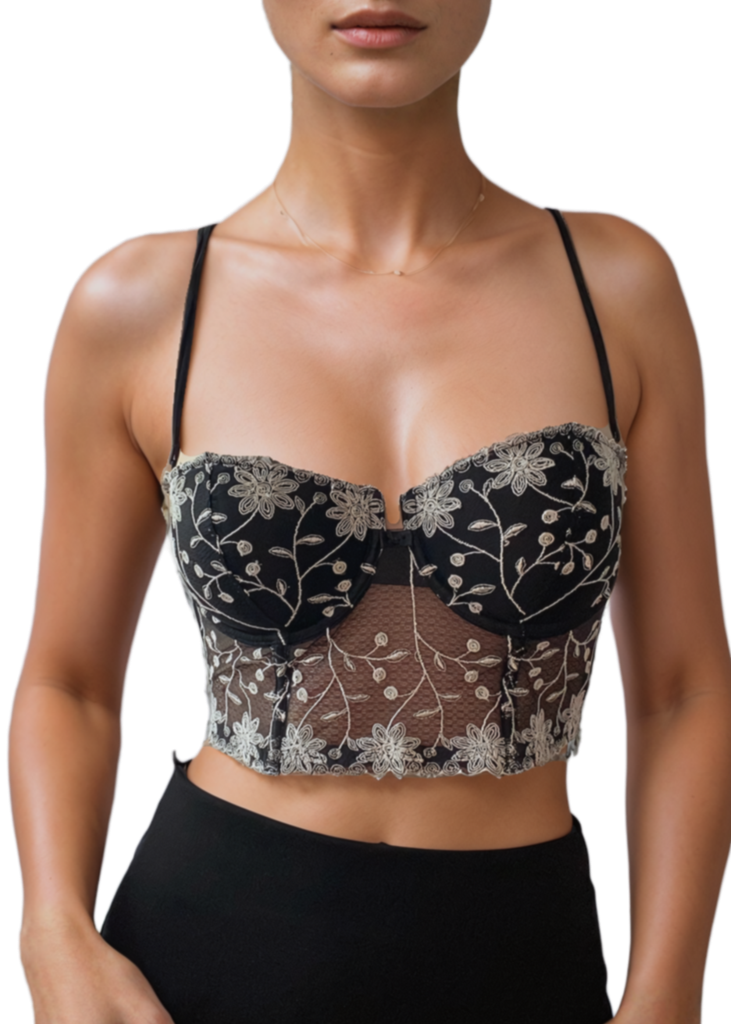 kurzes Vintage Korsett mit weißer Blumen Stickerei 75B