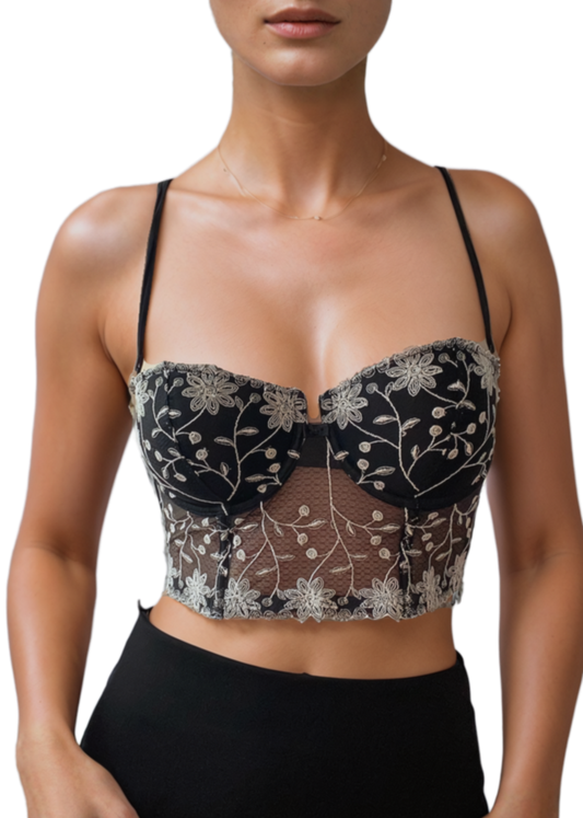kurzes Vintage Korsett mit weißer Blumen Stickerei 75B