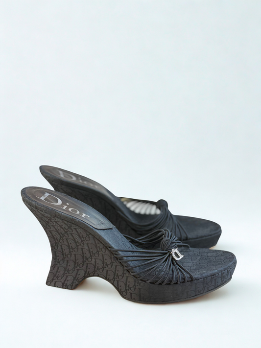 Vintage Christian Dior Monogram Wedge Sandals Black Size 40