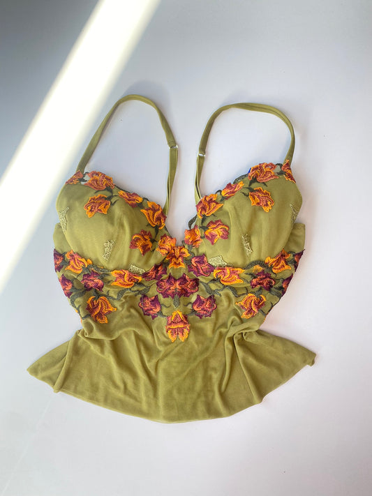 Vintage Korsett Grün mit Blumen Stickerei