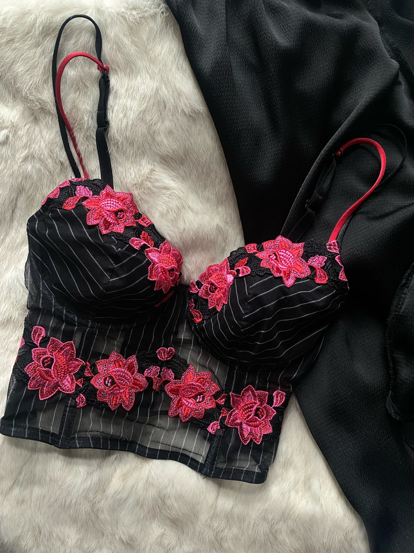 Vintage Korsett mit pinken Blumen und Nadelstreifen 75B